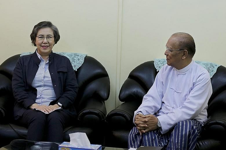 Ms Yanghee Lee meeting Myanmar National Human Rights Commission chairman Win Mra in Yangon yesterday.