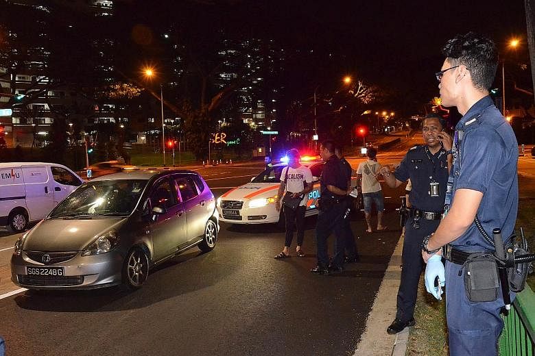 Clockwise from above: The scene of the incident at Telok Blangah Crescent on Friday, evidence being secured, and the windscreen of the rental car which was broken in the attempt to arrest the driver and his companion.