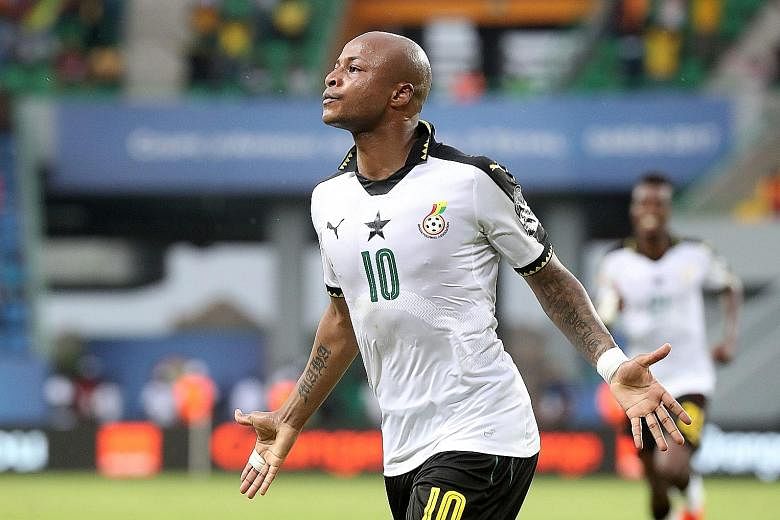 Ghana's Andre Ayew celebrates scoring a penalty against Uganda in their Africa Cup of Nations group clash. It proved to be the only goal of the match as teams struggle to find the net throughout the tournament.