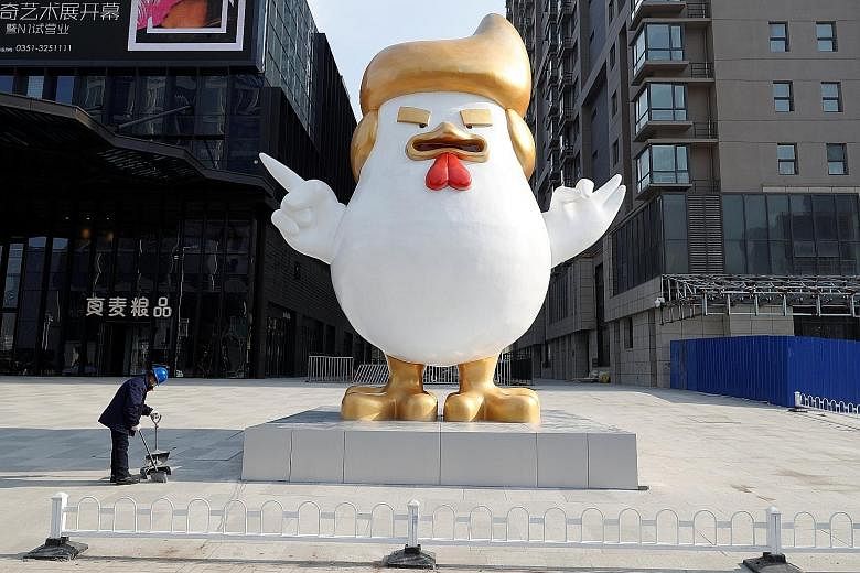 In Taiyuan, in China’s northern Shanxi province, a giant rooster sculpture, sporting Mr Trump’s signature hairdo and hand gestures, has been put up outside a mall. The sculpture was commissioned to be the mall's mascot.