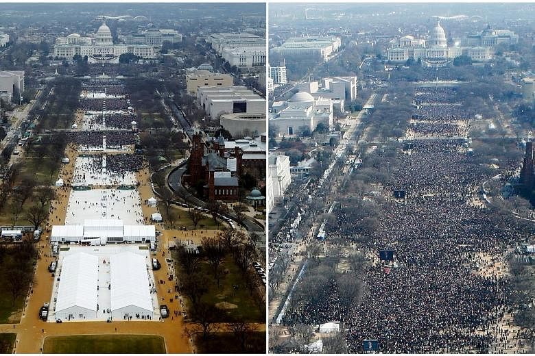 A combination of photos taken at the National Mall shows the crowds at the inauguration ceremonies of Mr Trump last Friday (left) and then President Barack Obama on Jan 20, 2009. About 1.8 million people flooded the area in 2009 when Mr Obama was fir