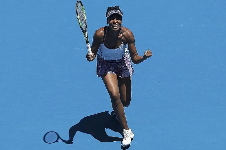 Venus Williams celebrating after she wound back the clock to down Russia's Anastasia Pavlyuchenkova 6-4, 7-6 (7-3) yesterday to make the semi-finals of the Australian Open for the first time since 2003.