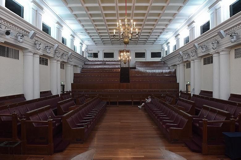 The Arts House (below), formerly Parliament House, is now an arts venue and a home for local voices, but the Chamber (left), where independent Singapore's formative laws were debated and passed, still retains its original custom-made furniture from L