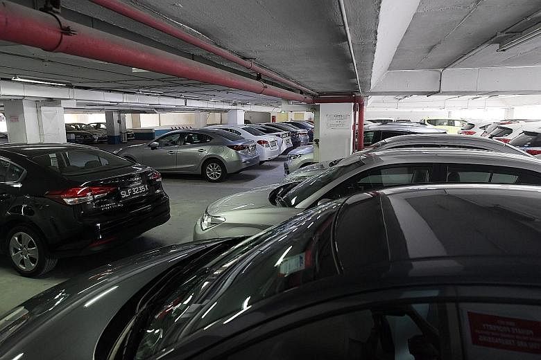Uber's Lion City Rentals cars at the Parklane shopping mall carpark in Selegie Road. Its fleet grew from 1,412 last February to 8,676 in November. In that period, its cars were involved in over 2,100 accidents.
