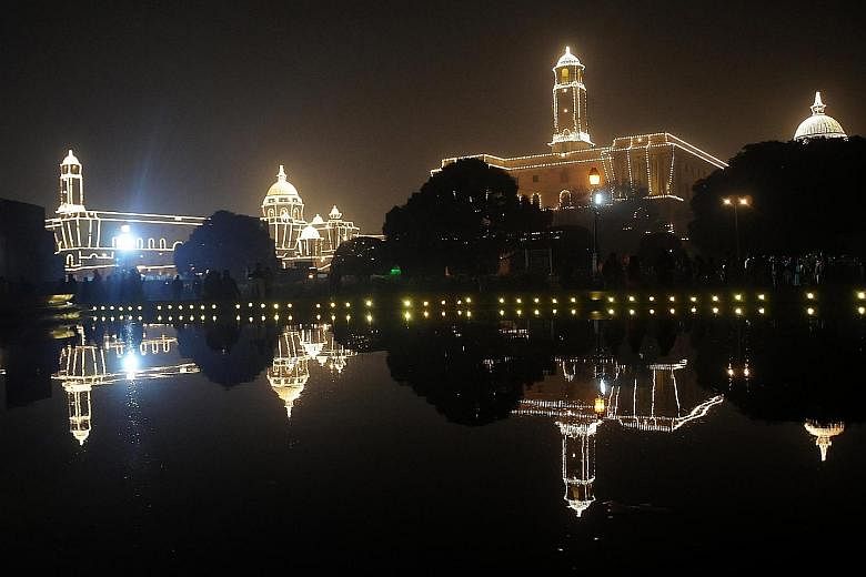 A view of the illuminated Indian Presidential House after the annual military ceremony Beating The Retreat in Rajpath, New Delhi, on Sunday. Beating The Retreat is a tradition in which military bands perform during the closing of Republic Day celebra