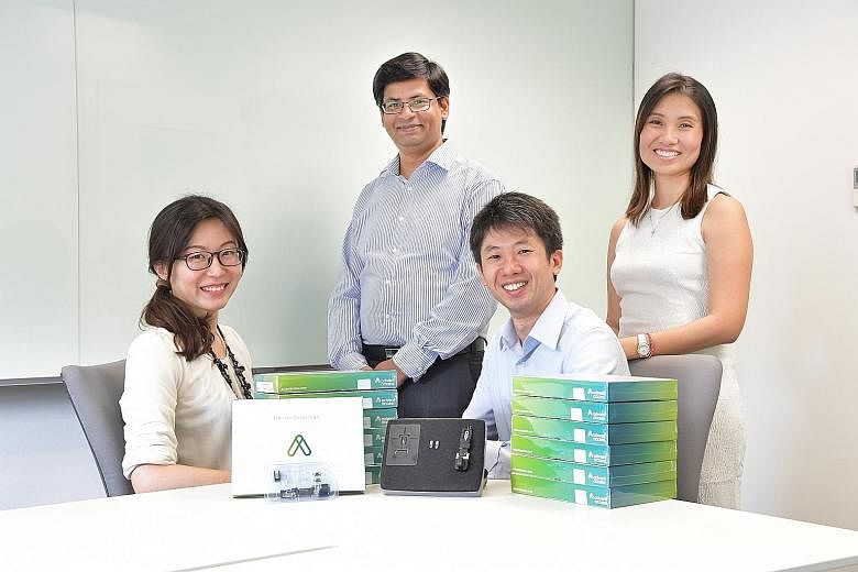 The Advent Access team comprises (from far left) R&D scientist Dr Ye Hongye; senior product engineer Henry Johnson; CEO and founder Peh Ruey Feng; and regulatory specialist Iris Tan.