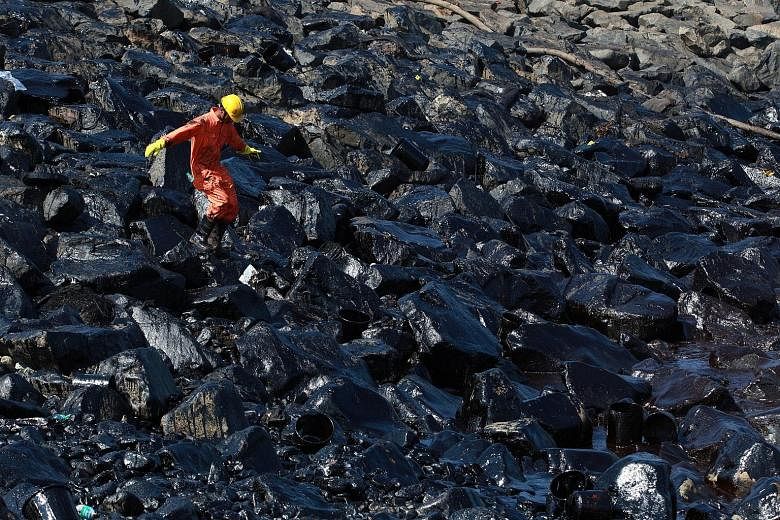 A worker clearing oil sludge yesterday from the shoreline of Ennore Port, following a collision between two cargo ships - liquefied petroleum gas carrier MT BW Maple and crude oil carrier MT Dawn Kanchipuramon - last Saturday in Chennai, India. The s