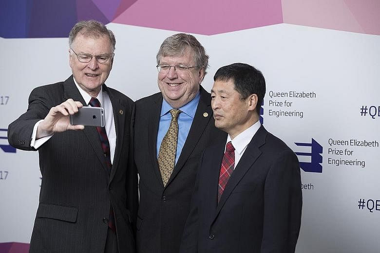 (From far left) Dr Tompsett, Dr Fossum and Prof Teranishi, with Dr Smith (not pictured), won the Queen Elizabeth Prize for Engineering.