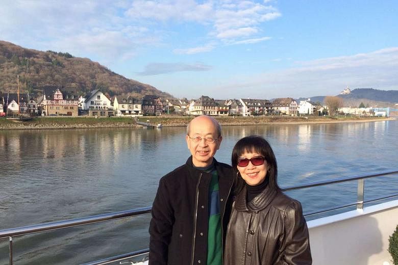 Madam Boey Meng Chee, 65, a lab manager and her general practitioner husband, Dr Phoon Chiong Fook, 66, on a cruise to Braubach, Germany, in December 2015. Madam Boey says she looks out for tours that are not so hectic, with breaks for rest, when she tr