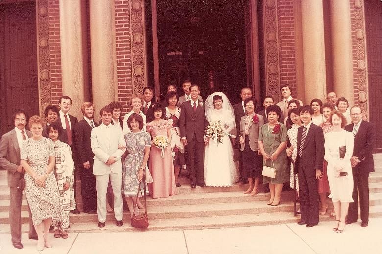 Mr and Mrs Yeo (above) with family and friends outside St Paul Church in Cambridge, Massachusetts, on their wedding day on June 17, 1984. Mrs Yeo (below), a lawyer, has written a book on marriage.
