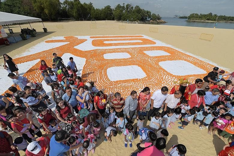 More than 500 children and their parents turned up at Palawan Beach in Sentosa yesterday to create a record-breaking feat using 12,888 mandarin oranges. Measuring 20m by 20m, it entered the Singapore Book Of Records as the largest Chinese character "