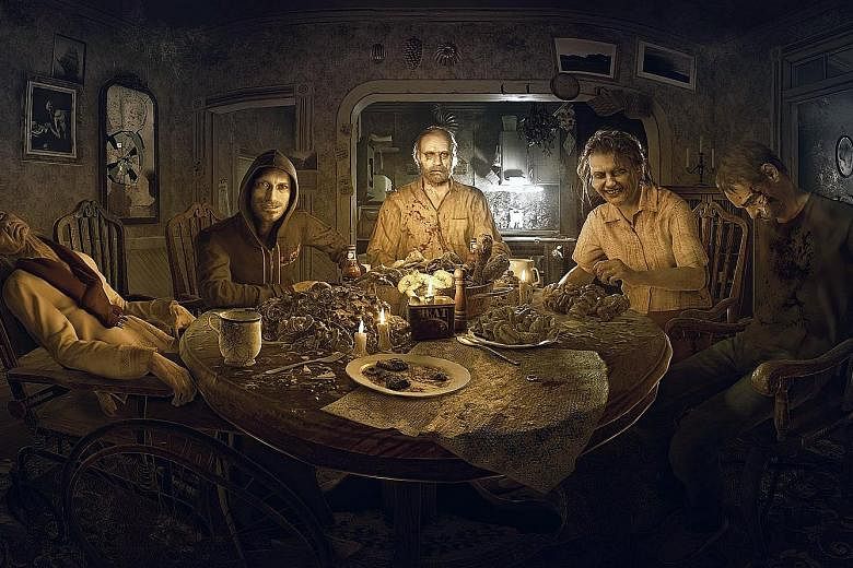 Welcome to the Baker family - (from left) mysterious grandma, Lucas, Jack and Marguerite - and protagonist Ethan of RE7: Biohazard. The game excels at creating an eerie atmosphere and maintaining suspense. Every dimly lit corridor, creaking floorboar