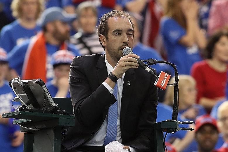 Umpire Arnaud Gabas sporting a swollen eye. Denis Shapovalov of Canada had accidentally hit the Frenchman with a stray tennis ball during his Davis Cup match against Kyle Edmund of Britain on Sunday.