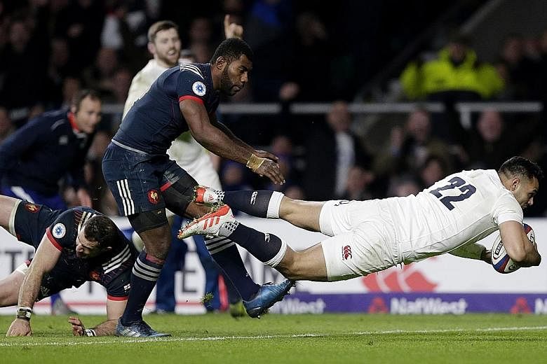 Above: Ben Te'o scoring a late try to give England a winning start in their Six Nations title defence. Despite Saturday's 19-16 home win over France, England were uninspiring and will need to raise their game in Cardiff against Wales, who were rampan