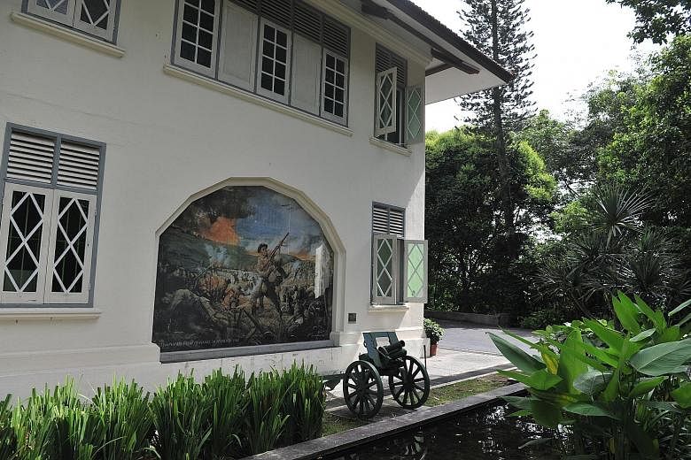 Far left: A replica of the six-inch breech-loading MK VII gun at Fort Siloso that was aimed southwards to sea in anticipation of a naval attack during World War II. Left: Reflections at Bukit Chandu, the colonial bungalow that houses a memorial dedic