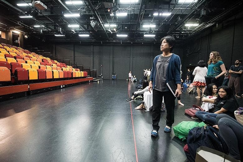 In Offending The Audience, viewers sit in the performance space at the Esplanade Theatre Studio, separated from the bleachers by a line of red tape.