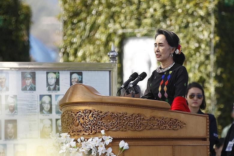 Ms Suu Kyi addressing ethnic representatives during the 70th anniversary of Myanmar's Union Day. Yesterday, she urged ethnic groups who had not joined the peace process to sign the landmark deal and participate in the 21st Century Panglong Conference