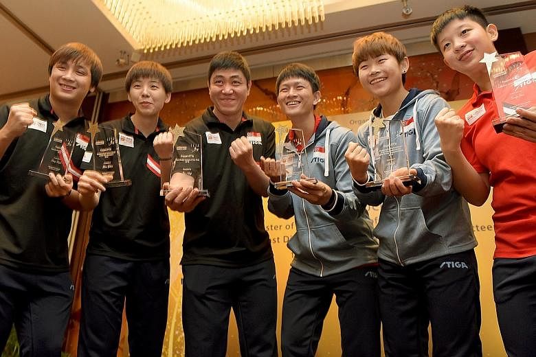 From left: Award winners Pang Xue Jie, Zhou Yihan, Gao Ning, Clarence Chew, Lin Ye and Zeng Jian at the Keppel-STTA Awards Night at Hotel Miramar yesterday. The Singapore Table Tennis Association honoured its top sporting talents for their notable ac