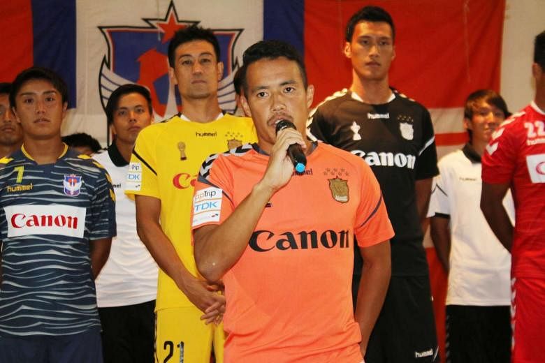 Albirex Niigata's new captain Shuto Inaba delivering a speech at last night's kick-off party at Le Danz Ballroom, where the Japanese developmental S-League side unveiled their new jerseys for this season. Albirex, who performed an unprecedented clean