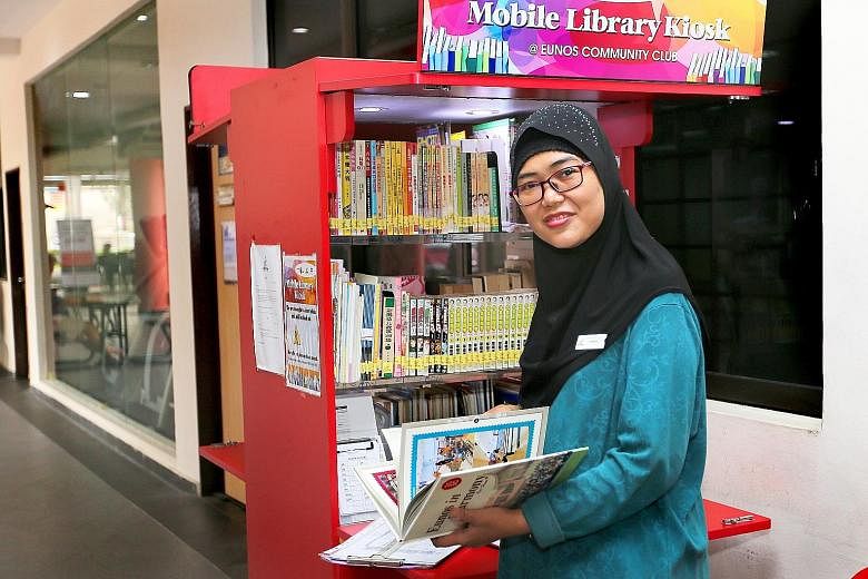 Ms Farnizah works at the mobile library kiosk of Eunos Community Club under the CDC Community Employment Programme.