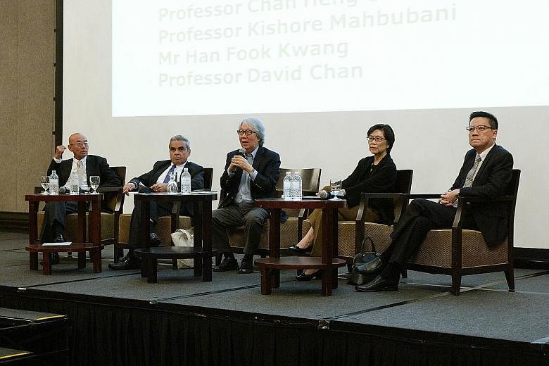The ability to question views and policies is vital if Singapore is to progress further, said panellists at the forum. Speakers were (from left) Mr Han Fook Kwang, Prof Kishore Mahbubani, Prof Tommy Koh, Prof Chan Heng Chee and Prof David Chan.