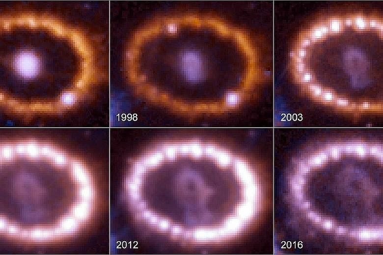 The evolution of supernova 1987A, as shown by pictures taken by the Hubble Space Telescope between 1994 and 2016. Since its launch in 1990, the Hubble telescope has observed the expanding dust cloud of SN 1987A several times and helped astronomers cr