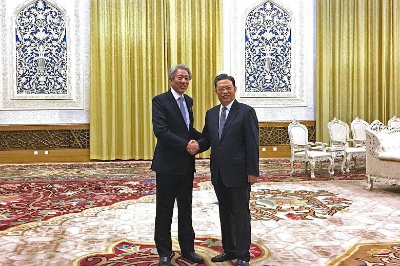 DPM Teo (left) meeting Mr Zhao Leji, head of the Organisation Department of the Chinese Communist Party (CCP), with whom he chairs the Leadership Forum, yesterday at the Great Hall of the People. Mr Teo, who is also Coordinating Minister for National