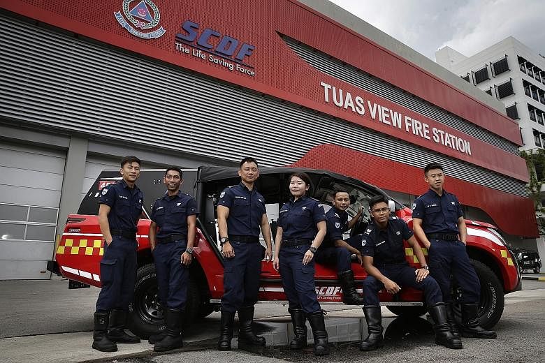 Above, from left: Among the SCDF firefighters who responded to the raging blaze at Eco Waste Special Management's premises in Tuas View Circuit last Thursday were Cpl Tan Zhi Wei, Sgt Muhammad Farhan Kutubundeen, Maj Huang Weikang, Capt Shawn Tan; St