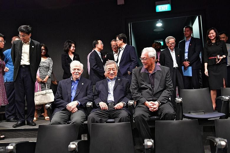 (From far left) SUTD president Thomas Magnanti, chairman of RSP Architects Planners and Engineers Albert Hong and Emeritus Senior Minister Goh Chok Tong at the Albert Hong Lecture Theatre at SUTD.