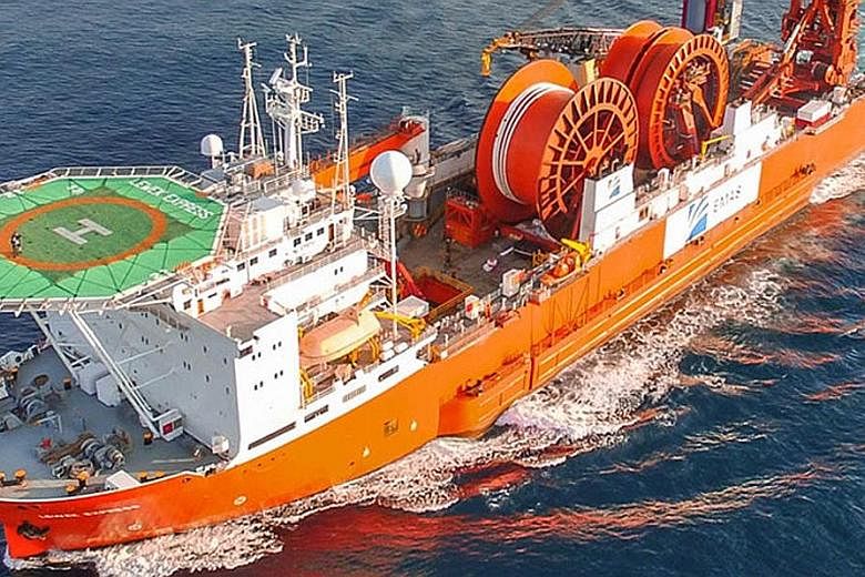 Ezra Holdings has yet to say anything about an arrest warrant for one of Emas Chiyoda's vessels, the Lewek Express (above), obtained by Bibby Offshore. Emas Chiyoda, in which Ezra holds a 40 per cent stake, said on Tuesday it has filed for bankruptcy