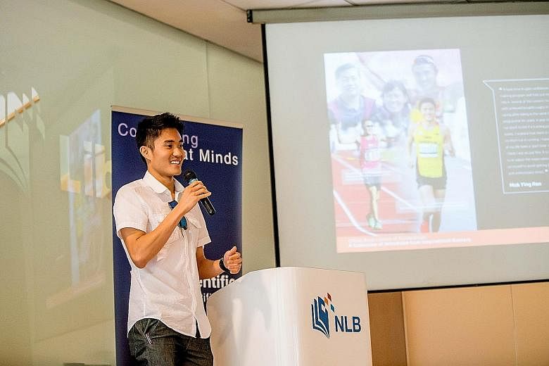 Mok Ying Ren (left) and Ashley Liew speaking at yesterday's launch of the book which, apart from offering running tips, also aims to show readers how lessons learnt on the track can be applied to real life.