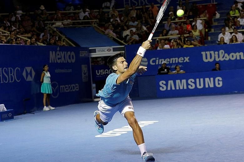 Novak Djokovic chases down a forehand against Nick Kyrgios in their Mexican Open quarter-final in Acapulco yesterday. Kyrgios served 25 aces to wrap up an 7-6 (11-9), 7-5 win. The mercurial Australian is now in his second ATP semi-final in just two w