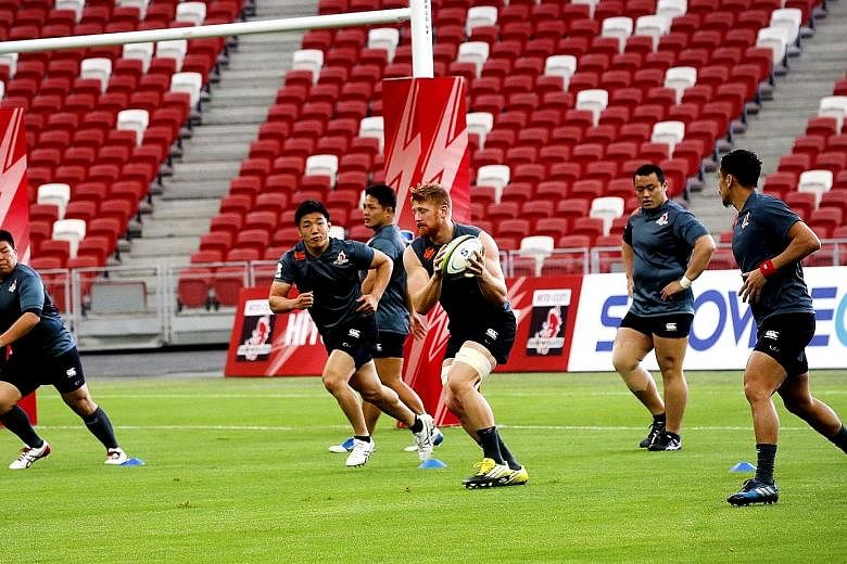 Sunwolves captain Ed Quirk at a training session with his team-mates at the Singapore Sports Hub yesterday. The Sunwolves will play the Kings on Saturday at the same venue and are seeking their first win on Singapore soil.