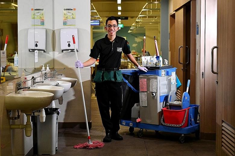 As a facility assistant, Mr Goh cleans toilets in the wards of Pearl's Hill Care Home.