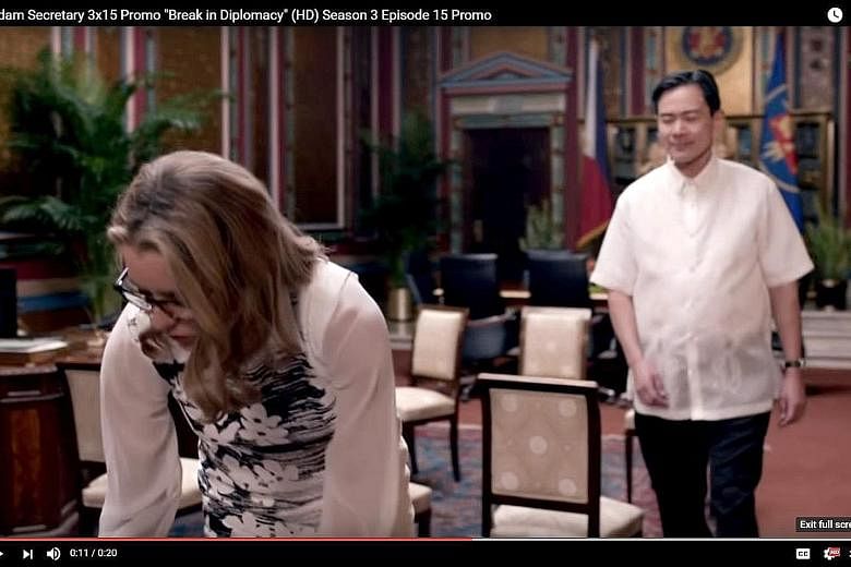 A fictional Philippine president getting a bloody nose from the US secretary of state after he tries to make a sexual advance.