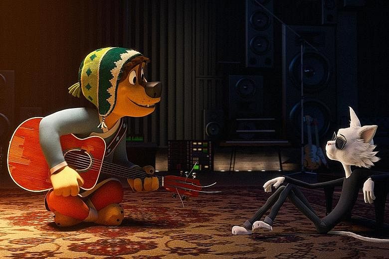 Luke Wilson voices a dog from the country trying to be a rock star and Eddie Izzard voices his cantankerous cat idol in Rock Dog.