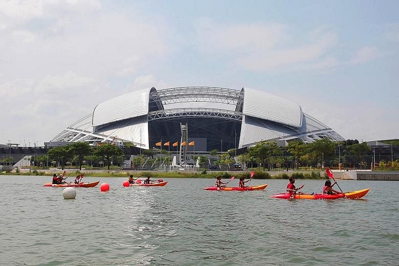 Water sports enthusiasts can canoe at the Water Sports Centre at the Sports Hub. Since 2014, one of the aims of the venue has been to encourage Singaporeans to have a more healthy and active lifestyle.