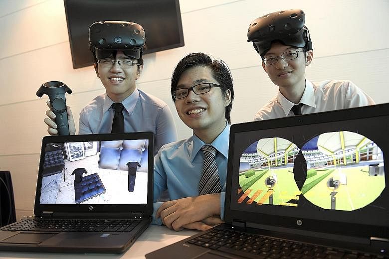 Clockwise from top left: Digital forensics student Chan Jian Hao, 19, who designed behavioural analysis tool Clairvoyance; (from left) students Wong Qin Liang, Benedict Low and Yan Zhan Jie, who developed the MagixHome software; digital forensics stu