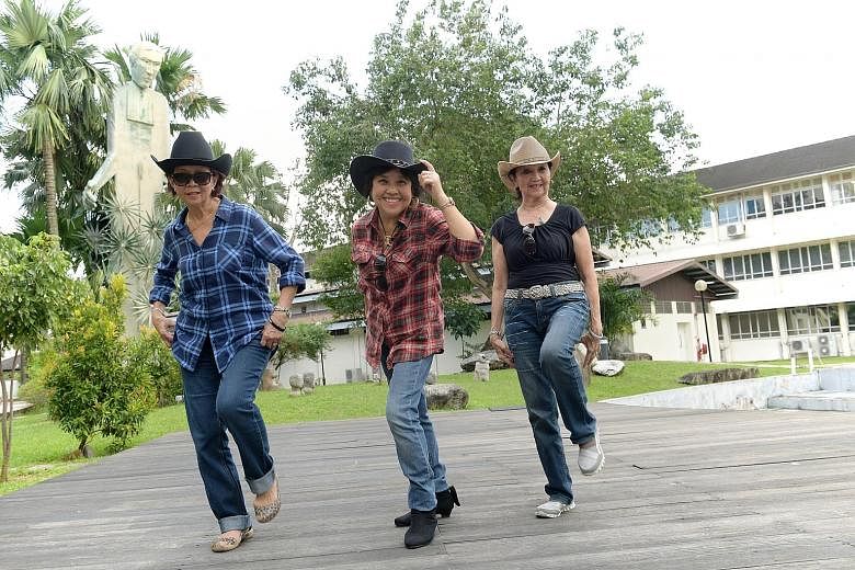 (From left) Ms Maria Oh, 68, Ms Irene Goh, 67, and Ms Peggy Toh, 74, have signed up for the Yee-Ha! Singapore - Country Line Dance Festival 2017.