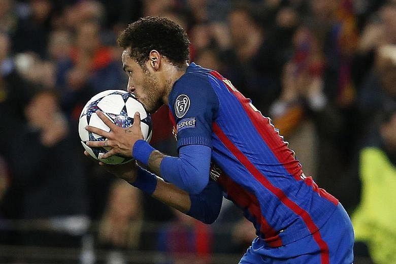 From top: Neymar celebrating after his 88th-minute free-kick goal, which was Barcelona's fourth that night.Neymar making it 5-1 with his 90th-minute penalty. Sergi Roberto prodding home in the fifth minute of stoppage time as Barca beat PSG 6-1.
