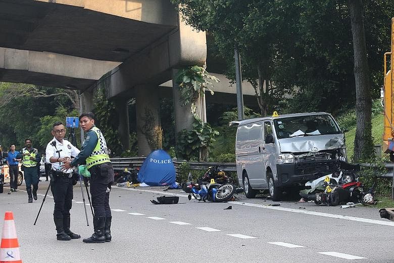 An accident between a van and nine motorcycles on the Bukit Timah Expressway (BKE) yesterday afternoon left two men, aged 34 and 50, dead and six others injured. Police arrested the 25-year-old van driver for a rash act causing death and suspended hi