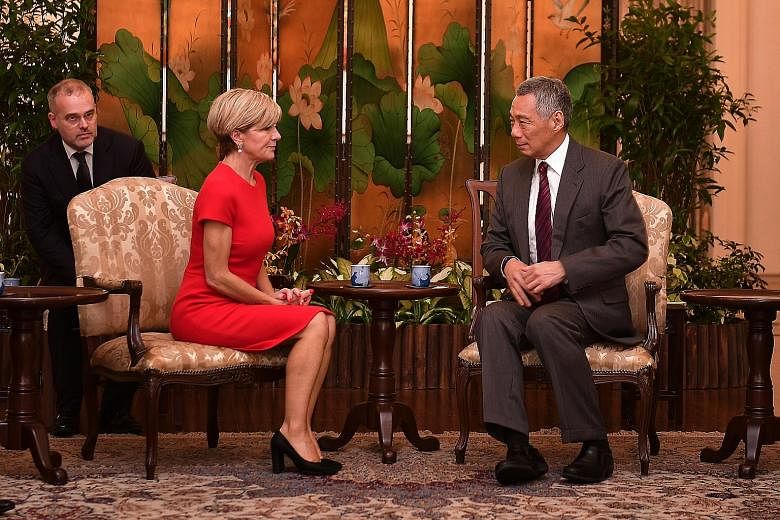 Ms Bishop called on PM Lee at the Istana yesterday afternoon, where they had a discussion on geopolitical developments. She also briefed Mr Lee on developments in Australia.