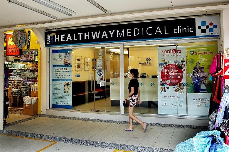 Checks by The Straits Times showed that no doctors turned up for work at seven of Healthway's family clinics yesterday, including this one in Tampines Street 21. Healthway Medical Corp is facing a liquidity crunch.