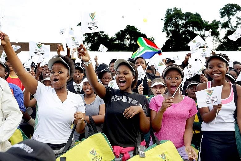 Durban primary school students expressing their delight after the South African city was officially named as the host of the 2022 Commonwealth Games in September 2015. With Durban having been stripped of its staging rights over their inability to mee