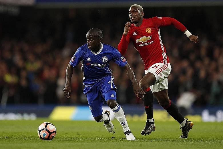Chelsea midfielder N'Golo Kante getting the better of fellow France international Paul Pogba. The match-winner outshone the Manchester United midfielder in the FA Cup on Monday.
