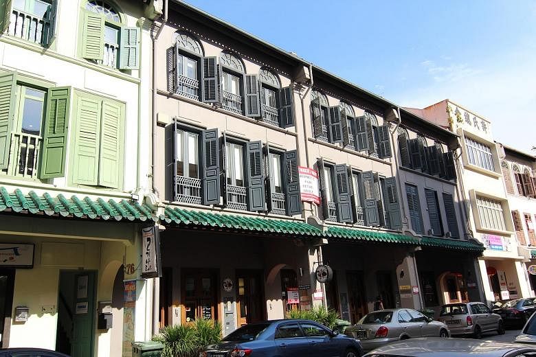 Three adjoining 999-year tenure shophouses in Amoy Street in Tanjong Pagar were recently acquired by an institutional fund for $59.6 million, or about $2,500 per sq ft, based on the floor area.