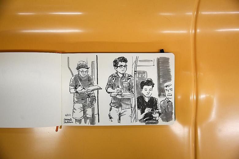 Illustrator and cartoonist Favian Ee turns the page into a mirror, with a sketch of fellow Commute Sketchers members Francis Theo, Alvin Mark Tan and Erwin Lian plying their skills on the train. Drawings by the group's members have already been exhib