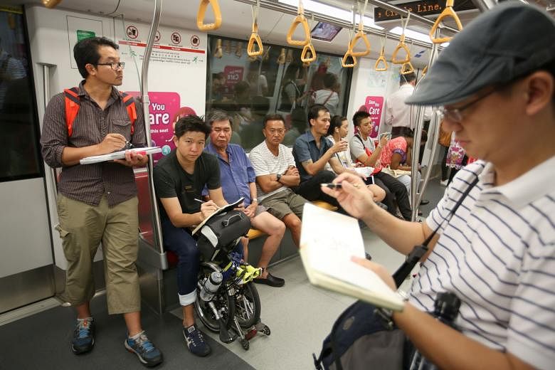 Commute Sketchers members (from far left) Alvin Mark Tan, Erwin Lian and Favian Ee are quick on the draw, doodling away to pass the time and unwind on their public transport journeys. The group began about a year ago and has around 180 members on Facebook