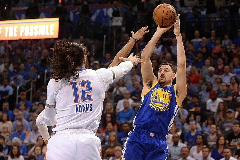 Golden State Warriors guard Klay Thompson shoots over Oklahoma City Thunder centre Steven Adams during the first quarter at Chesapeake Energy Arena. Thompson scored 34 points as the Warriors swept to a 111-95 victory.