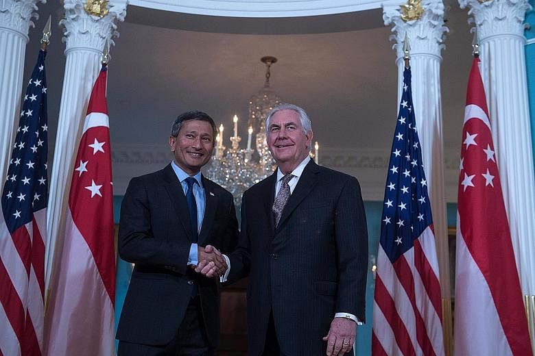 Dr Balakrishnan and Mr Tillerson at the State Department in Washington on Wednesday. Besides reaffirming the countries' relations, they also discussed regional developments.